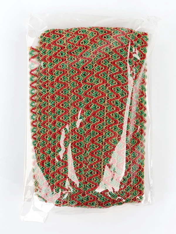 Тесьма Зигзаг зелено-красно-золотая 3.5 см намотка 25 метров Тесьма Зигзаг зелено-красно-золотая 3.5 см намотка 25 метров