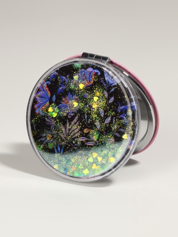 Зеркало складное «Цветы», d = 7,2 см, с увеличением, цвет чёрный/фиолетовый