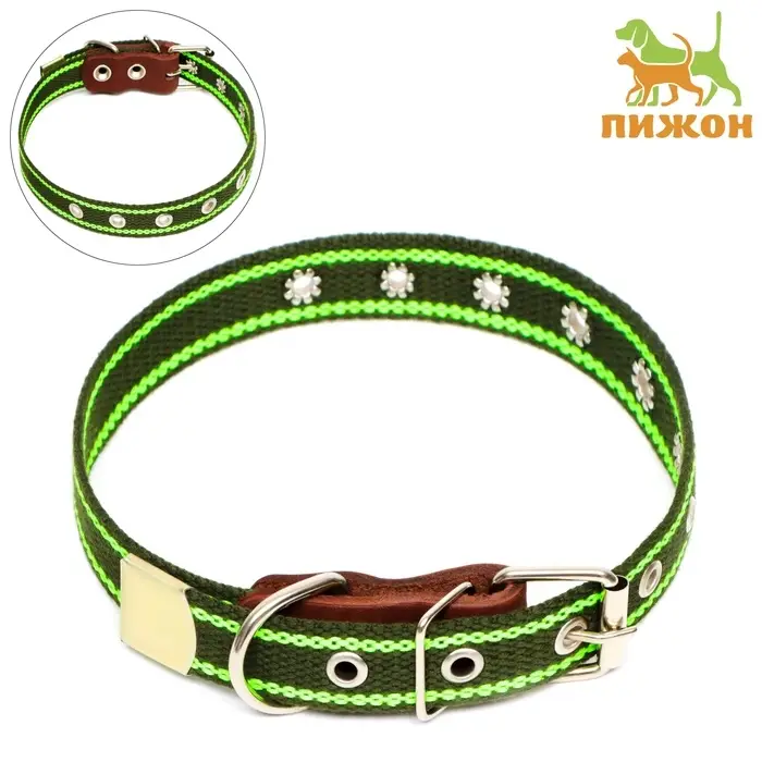 Ошейник брезентовый однослойный, безразмерный, 57&times;2.5 см, ОШ 25-45 см, хаки, зелёный