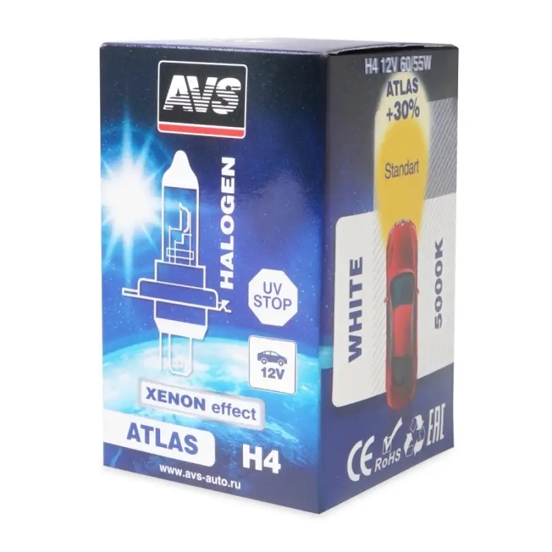 Галогенная лампа AVS ATLAS BOX/5000К/ H4.12V.60/55W.коробка 1шт.
