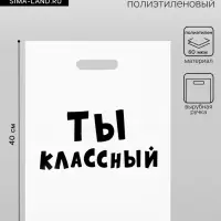 Пакет с приколами, полиэтиленовый с вырубной ручкой, &laquo;Ты классный&raquo; 31&times;40 см