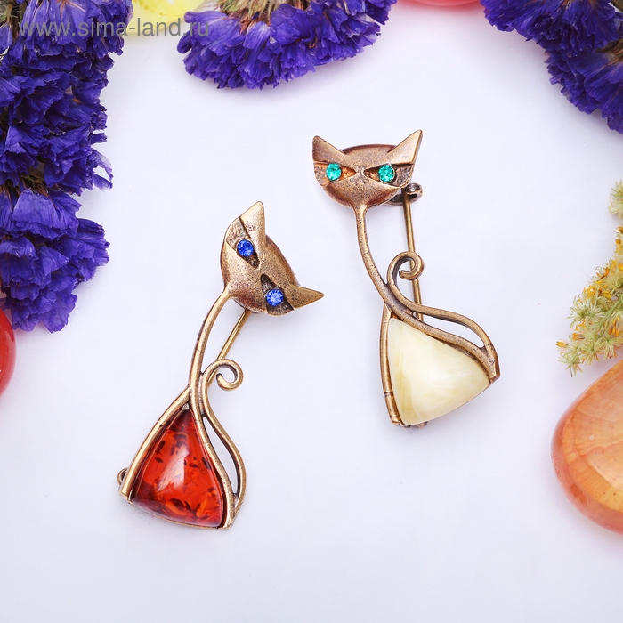 Брошь &laquo;Янтарь&raquo; кот треугольный, цвет МИКС в бронзе