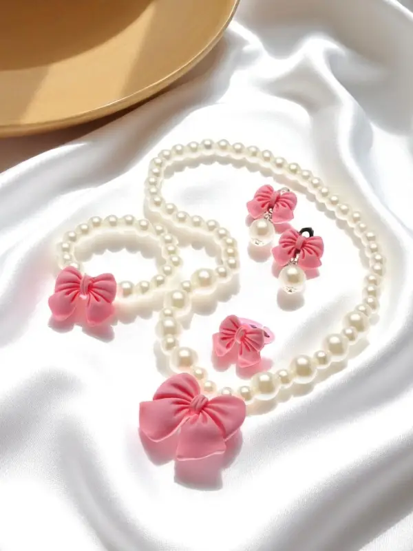 Набор детских украшений Выбражулька &laquo;Бант&raquo;, 4 предмета: кулон, браслет d=6 см кольцо, клипсы, бело-розовый