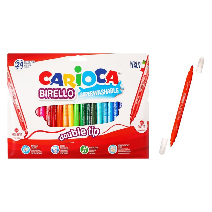 Фломастеры двусторонние 24 цвета, Carioca  Фломастеры двусторонние 24 цвета, Carioca "Birello", 2.6 / 4.7 мм, смываемые, картонный конверт