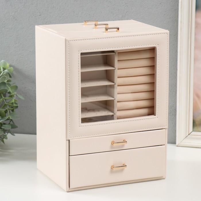 Шкатулка кожзам для украшений "Архивариус с двумя ящичками" белая 20х15,5х28 см