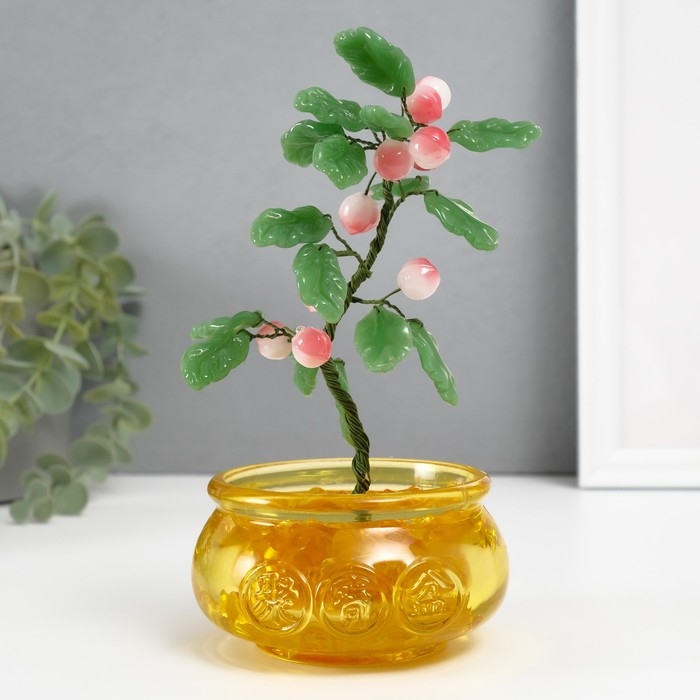 Сувенир бонсай  Сувенир бонсай "Дерево с персиками в чаше богатства" розовый 10 персиков 9х9х14 см