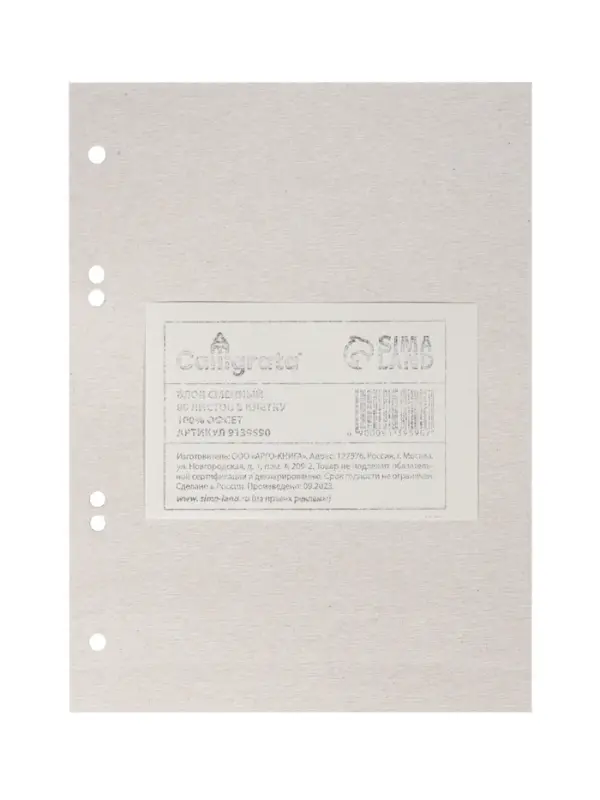 Сменный блок для тетрадей на кольцах А5, 80 листов в клетку, Calligrata, белый 100%