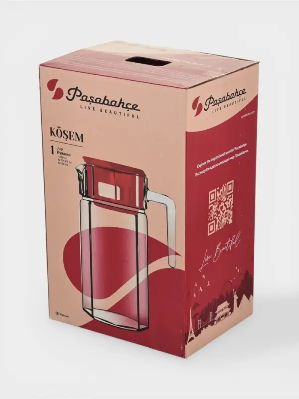 Кувшин Paşabah&ccedil;e Kosem, 1.23 л, красная крышка, стекло, прозрачный