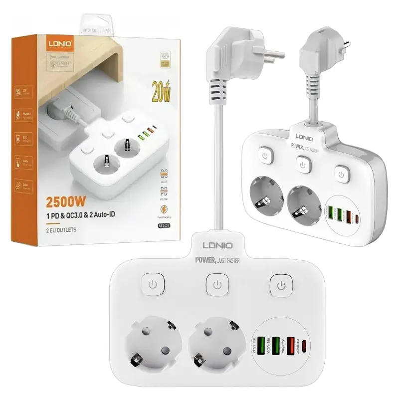 Сетевой фильтр на 2 розетки + 3 USB 2500W SC2435 LDNIO (30шт/кор) Сетевой фильтр на 2 розетки + 3 USB 2500W SC2435 LDNIO (30шт/кор)