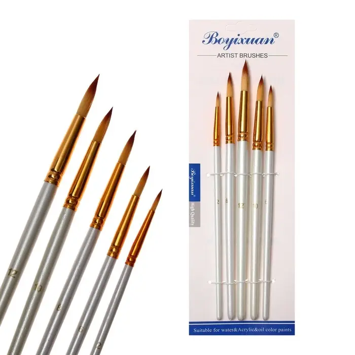 Набор кистей для рисования, синтетика, 5 штук: № 2, 6, 8, 10, 12, круглые, в блистере