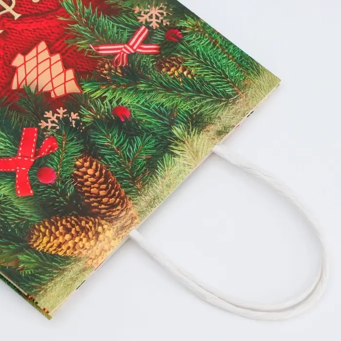 Пакет бумажный подарочный новогодний крафт "Новогодняя атмосфера" 18 х 8 х 25 см.