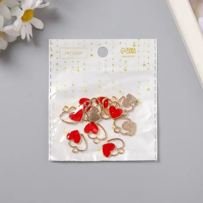 Металлический элемент, декоративная подвеска «Арт Узор. Два сердца», эмаль, красный с золотом, 1.5×1.7 см