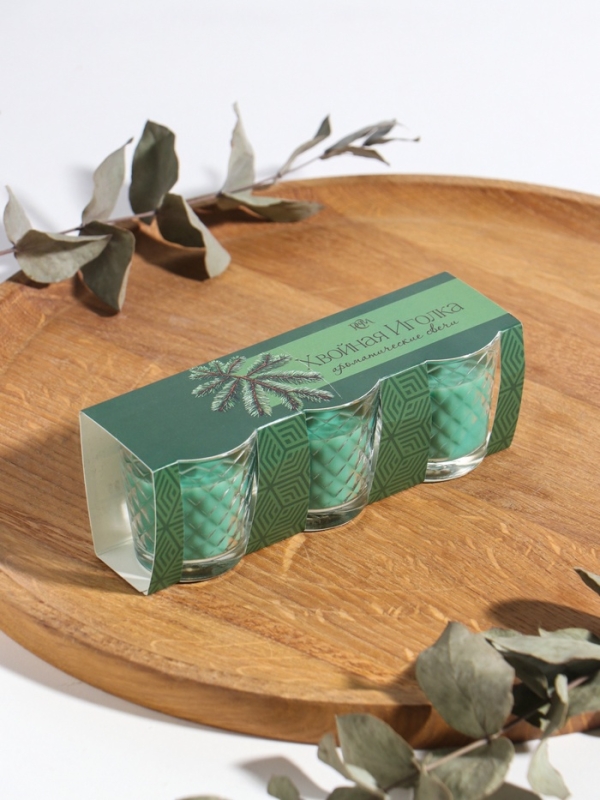 Свеча ароматическая в стакане (набор 3 шт) по 50 мл, 10 ч, 32 гр, ХВОЙНАЯ ИГОЛКА