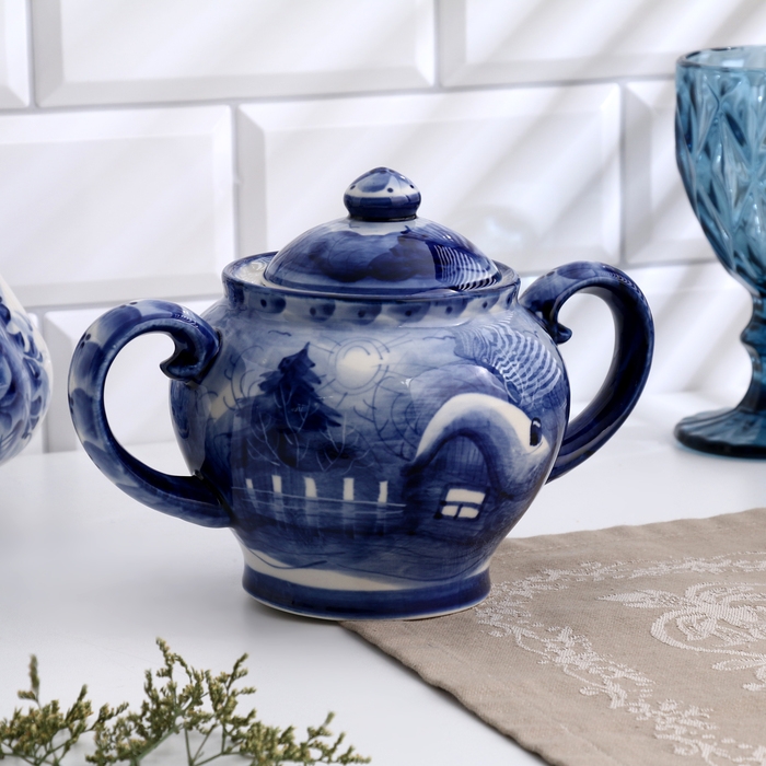 Сахарница Сахарница "Уют", сюжет, 14 х 14 см, гжель