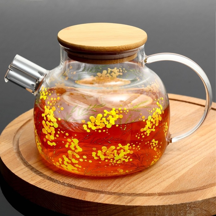 Чайник стеклянный заварочный с бамбуковой крышкой «Нежная мимоза», 1000 мл Чайник стеклянный заварочный с бамбуковой крышкой «Нежная мимоза», 1000 мл