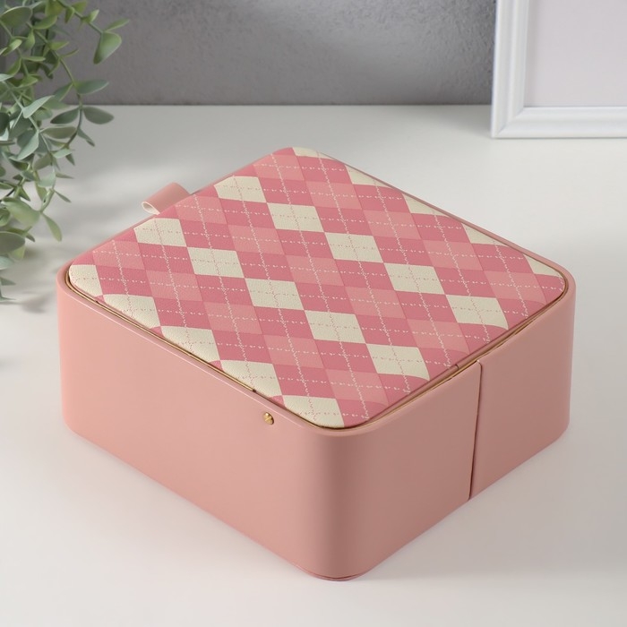 Шкатулка кожзам для украшений  Шкатулка кожзам для украшений "Клетка" розовая 20х22,5х9,5 см