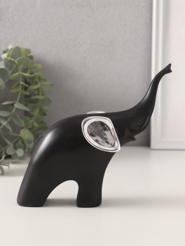 Сувенир полистоун"Чёрный слон с серебряными ушками хобот вверх"серебряный цветок15х5х14см