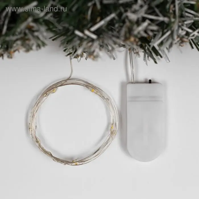 Гирлянда «Нить» 1 м роса, IP20, серебристая нить, 10 LED, свечение жёлтое, CR2032х2