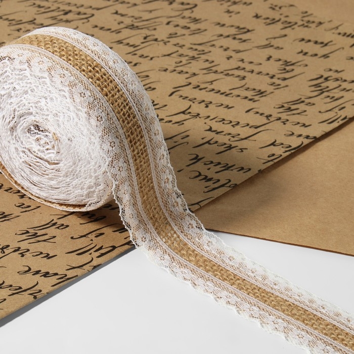 Лента холщовая «Кружево», натуральная, 40 мм, 4,5 ± 0,5 м, цвет белый Лента холщовая «Кружево», натуральная, 40 мм, 4,5 ± 0,5 м, цвет белый