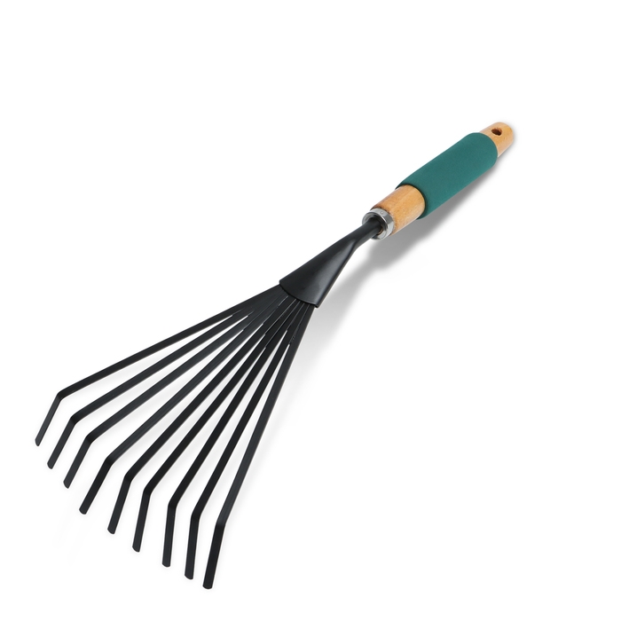 Грабли малые, веерные, пластинчатые, 9 зубцов, длина 42 см, металл, деревянная ручка с поролоном, Greengo Грабли малые, веерные, пластинчатые, 9 зубцов, длина 42 см, металл, деревянная ручка с поролоном, Greengo