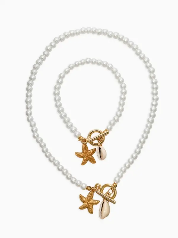 Набор 2 предмета: бусы. браслет &laquo;Жемчуг. Звезда&raquo;, L=18/42 см, №6, белый в золоте