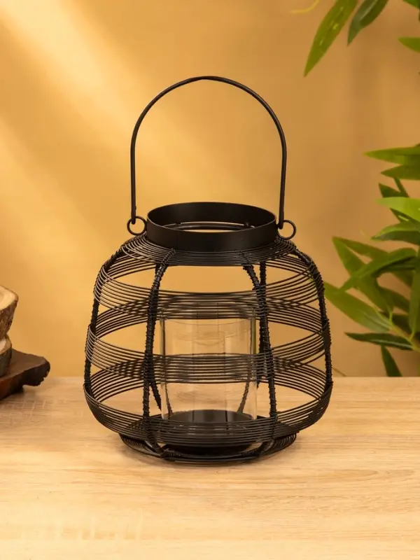 Подсвечник фонарь со стеклянной колбой, 19×19×18 см, d=9 см, металл, чёрный