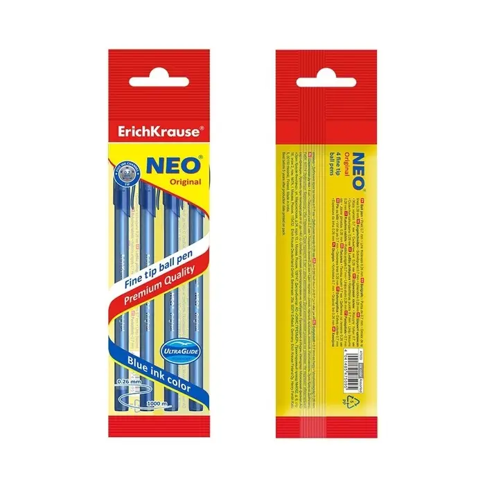 Набор ручек шариковых ErichKrause Neo Original, 4 штуки, узел 0.7 мм, тонкое письмо, чернила синие, длина линии письма 1000 метров