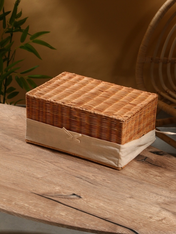 Корзинка прямоугольная с крышкой и тканевым подкладом, 33х22х15 см, ротанг