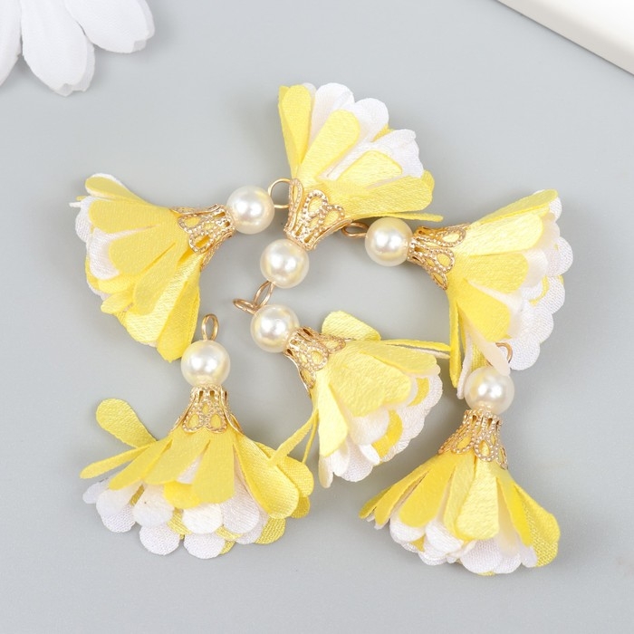 Декор текстиль "Цветок 2 цвета с жемчужиной. Жёлтый и белый" набор 6 шт 3 см