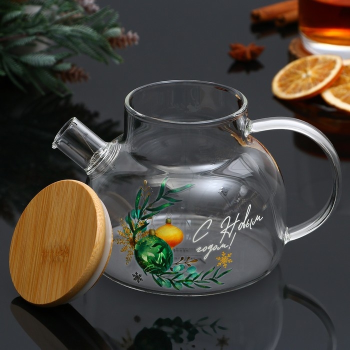 Новый год. Чайник заварочный стеклянный с бамбуковой крышкой «С Новым годом!», 600 мл Новый год. Чайник заварочный стеклянный с бамбуковой крышкой «С Новым годом!», 600 мл