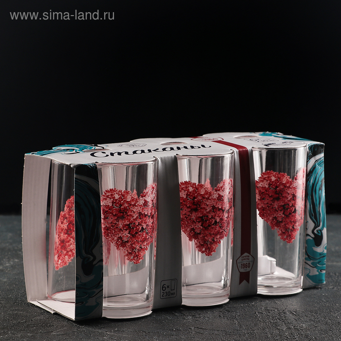 Набор стеклянных стаканов «Цветочное сердце», 230 мл, 6 шт, рисунок МИКС Набор стеклянных стаканов «Цветочное сердце», 230 мл, 6 шт, рисунок МИКС
