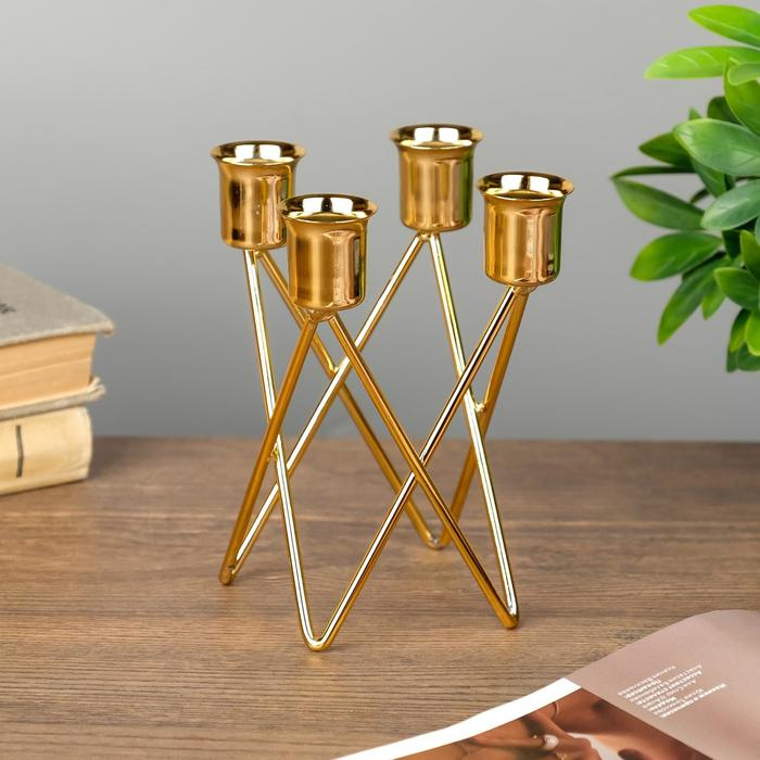Подсвечник металл на 4 свечи Подсвечник металл на 4 свечи "Треугольники" золото 14х9х9 см