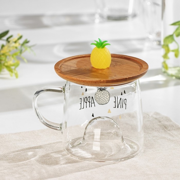 Кружка стеклянная с деревянной крышкой &laquo;Ананасик&raquo;, 300 мл