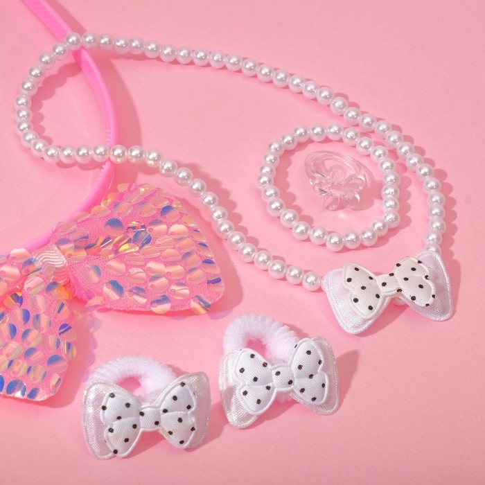 Набор детский «Выбражулька» 6 предметов: ободок, 2 резинки, кулон, браслет, кольцо, панда, бантики, цвет бело-розовый Набор детский «Выбражулька» 6 предметов: ободок, 2 резинки, кулон, браслет, кольцо, панда, бантики, цвет бело-розовый