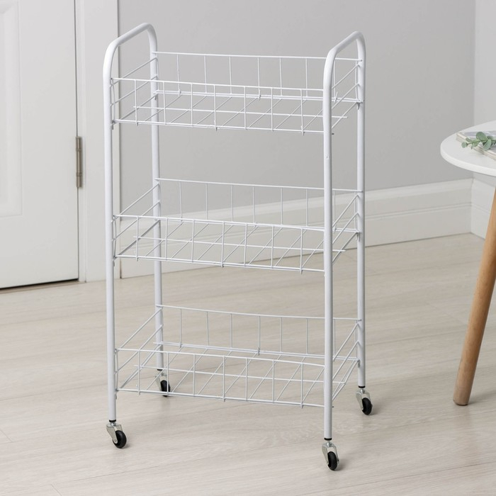 Этажерка напольная 3-х секционная, на колёсиках, 27×36×66 см, цвет белый Этажерка напольная 3-х секционная, на колёсиках, 27×36×66 см, цвет белый