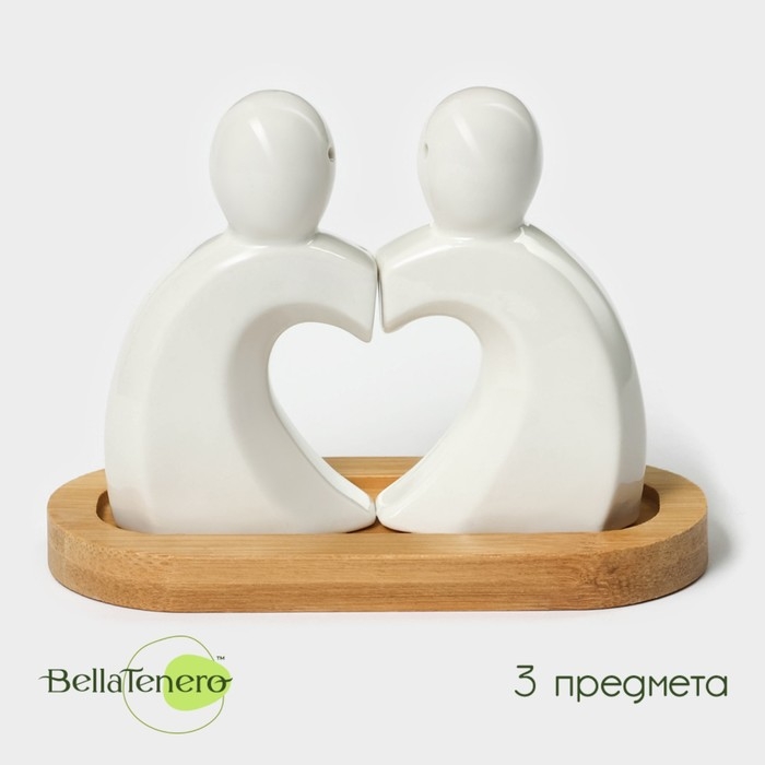 Набор фарфоровый для специй на бамбуковой подставке BellaTenero «Влюбленность», 2 предмета: солонка 40 мл, перечница 40 мл, цвет белый Набор фарфоровый для специй на бамбуковой подставке BellaTenero «Влюбленность», 2 предмета: солонка 40 мл, перечница 40 мл, цвет белый