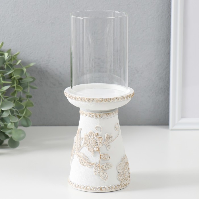 Подсвечник полистоун на 1 свечу "Цветение. Кружево" белая с золотой патиной 9,5х9,5х24,2 см   984823