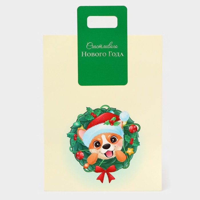 Пакет подарочный новогодний с вырубной ручкой Пакет подарочный новогодний с вырубной ручкой "Новогодний корги" 30 х 40 х 12 см.