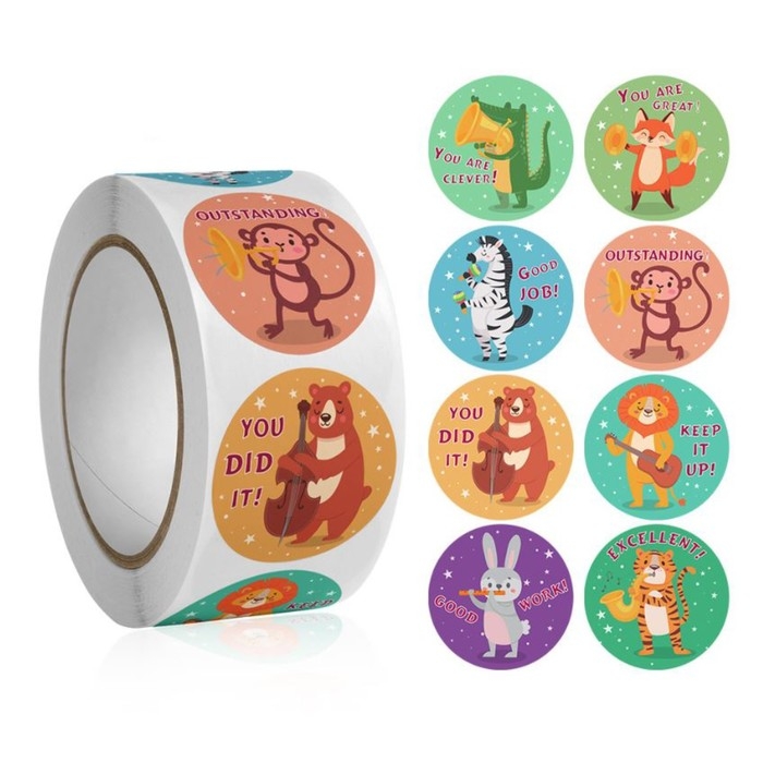 Наклейка бумага Наклейка бумага "Зверята-музыканты" d=2,5 см 500 шт в рулоне 3х6х6 см