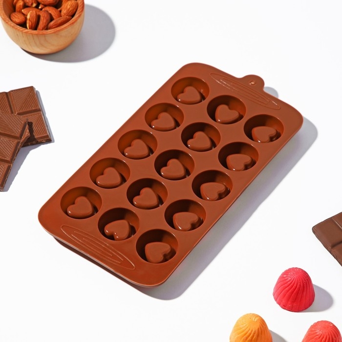 Форма для конфет и шоколада Доляна «Сердце», силикон, 23,2×12×1 см, 15 ячеек (d=3,3 см), цвет коричневый Форма для конфет и шоколада Доляна «Сердце», силикон, 23,2×12×1 см, 15 ячеек (d=3,3 см), цвет коричневый