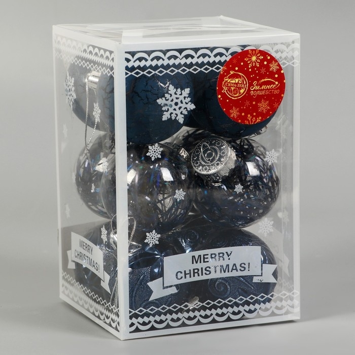 Набор шаров пластик d-6 см, 12 шт Набор шаров пластик d-6 см, 12 шт "Зимняя музыка" узор, синий