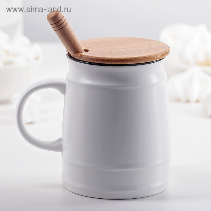 Кружка керамическая с деревянной крышкой и ложкой «Морская», 400 мл, рисунок МИКС Кружка керамическая с деревянной крышкой и ложкой «Морская», 400 мл, рисунок МИКС