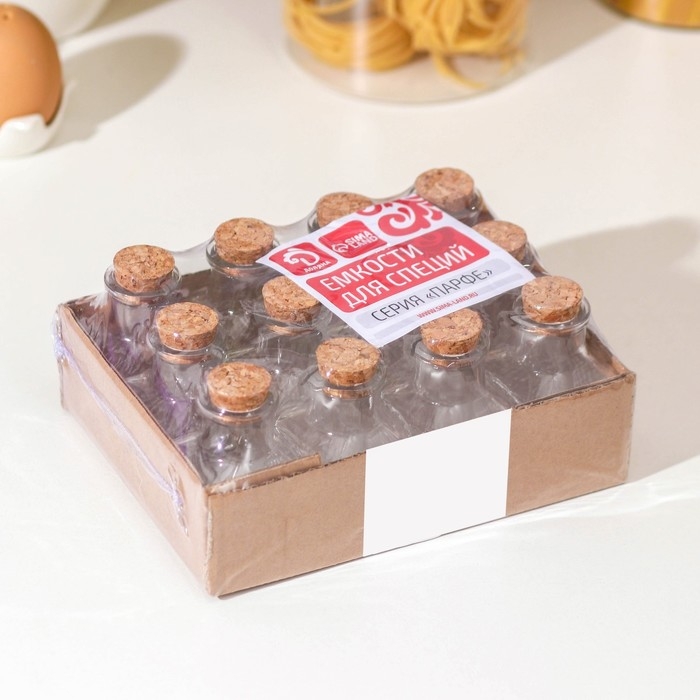 Набор баночек стеклянных для специй с пробковой крышкой Доляна «Парфе», 50 мл, 4,5×4,5×6,8 см, 12 шт Набор баночек стеклянных для специй с пробковой крышкой Доляна «Парфе», 50 мл, 4,5×4,5×6,8 см, 12 шт