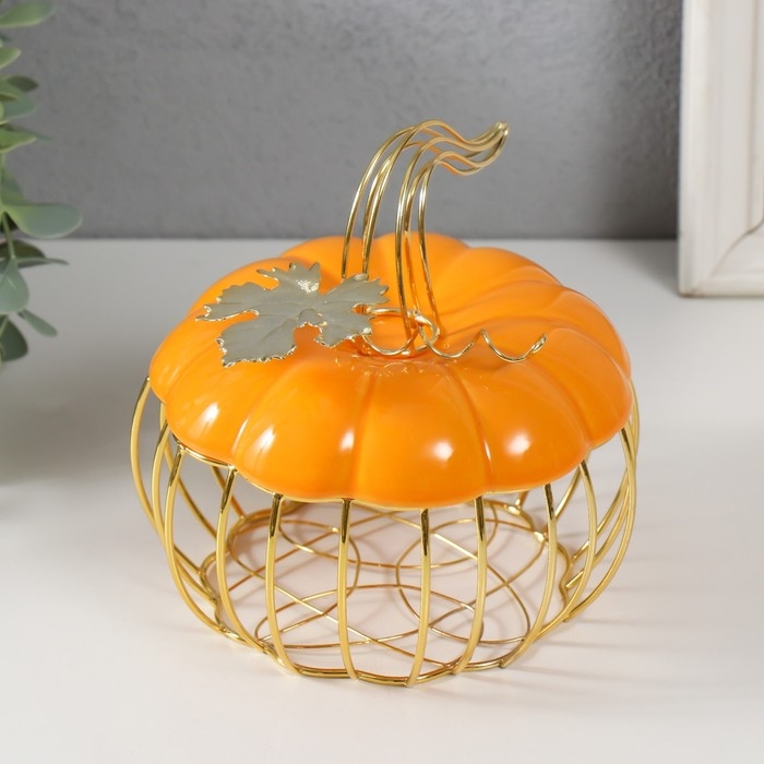 Шкатулка металл, керамика Шкатулка металл, керамика "Тыква с листочком" оранжевая с золотом 14х14х13 см