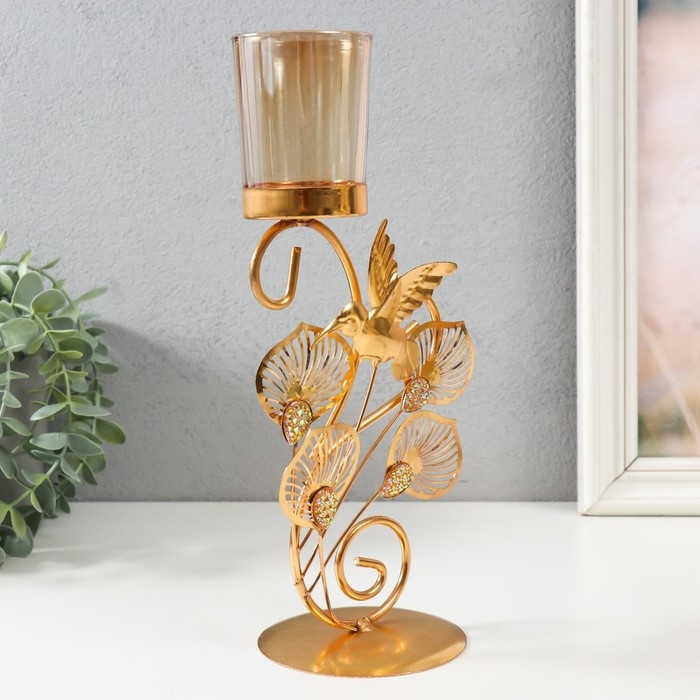 Подсвечник металл, стекло на 1 свечу Подсвечник металл, стекло на 1 свечу "Полет колибри" d=4,7 см, золото 15,5х9х27,8 см