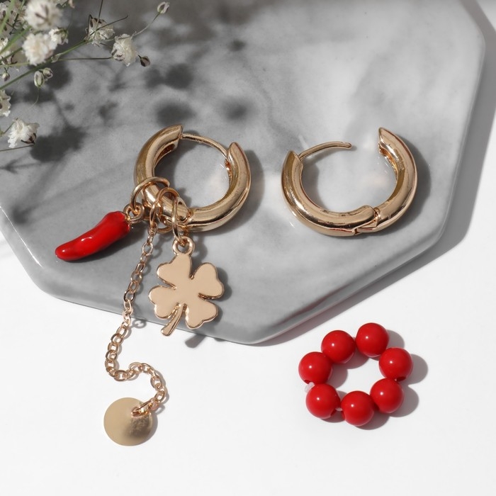 Серьги со съёмным элементом «Трансформер» клевер, цвет красный в золоте Серьги со съёмным элементом «Трансформер» клевер, цвет красный в золоте