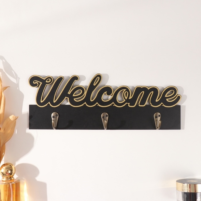 Крючки декоративные дерево Крючки декоративные дерево "Добро пожаловать" чёрный с золотом 3х29,5х10,5 см