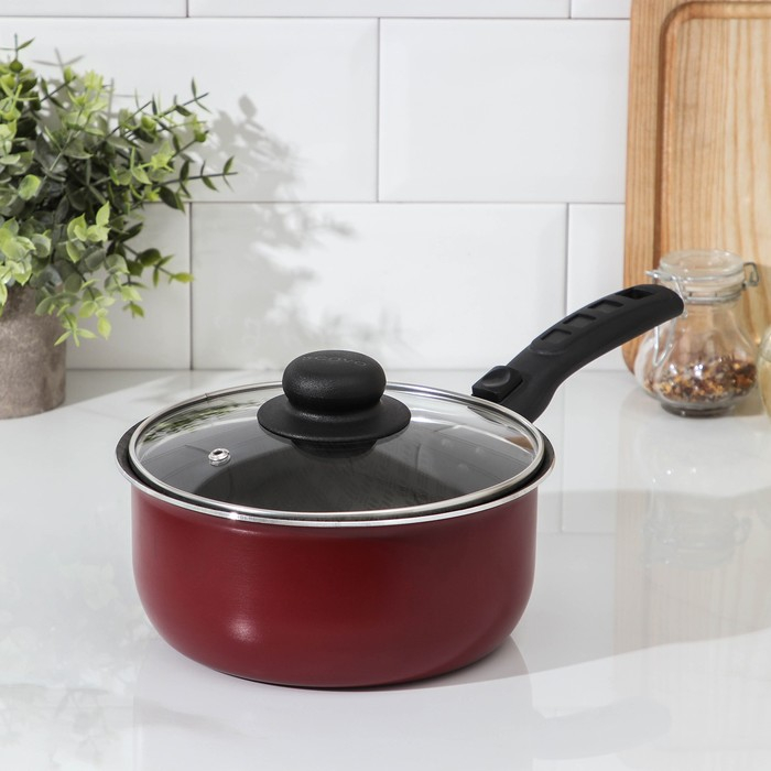 Ковш «Альфа» 1,5 л, стеклянная крышка, пластиковая ручка, антипригарное покрытие, цвет красный Ковш «Альфа» 1,5 л, стеклянная крышка, пластиковая ручка, антипригарное покрытие, цвет красный