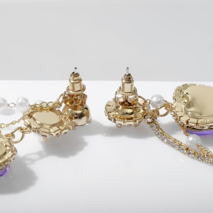 Серьги висячие со стразами «Сердце», цветные в золоте