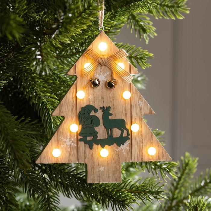 Ёлочная игрушка «Ёлочка с Дедом Морозом и оленем», от батареек, свечение тёплое белое Ёлочная игрушка «Ёлочка с Дедом Морозом и оленем», от батареек, свечение тёплое белое